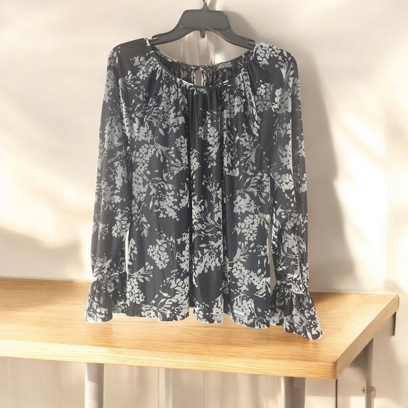 Badlgley Mischka Black and White Ruffled Puff Sleeve Blouse Sz M - Picture 3 of 5